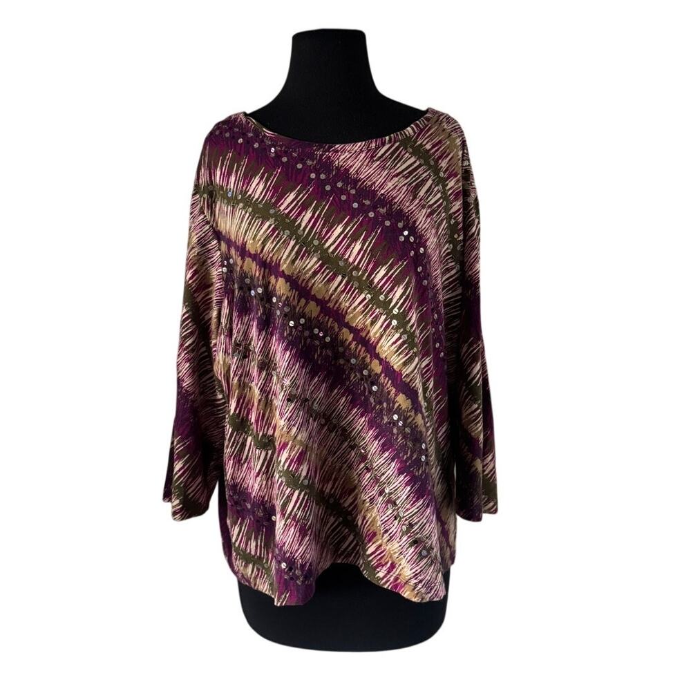 Ruby Rd. Purple, Green & White Sequin 3/4 Sleeve Top - 3X